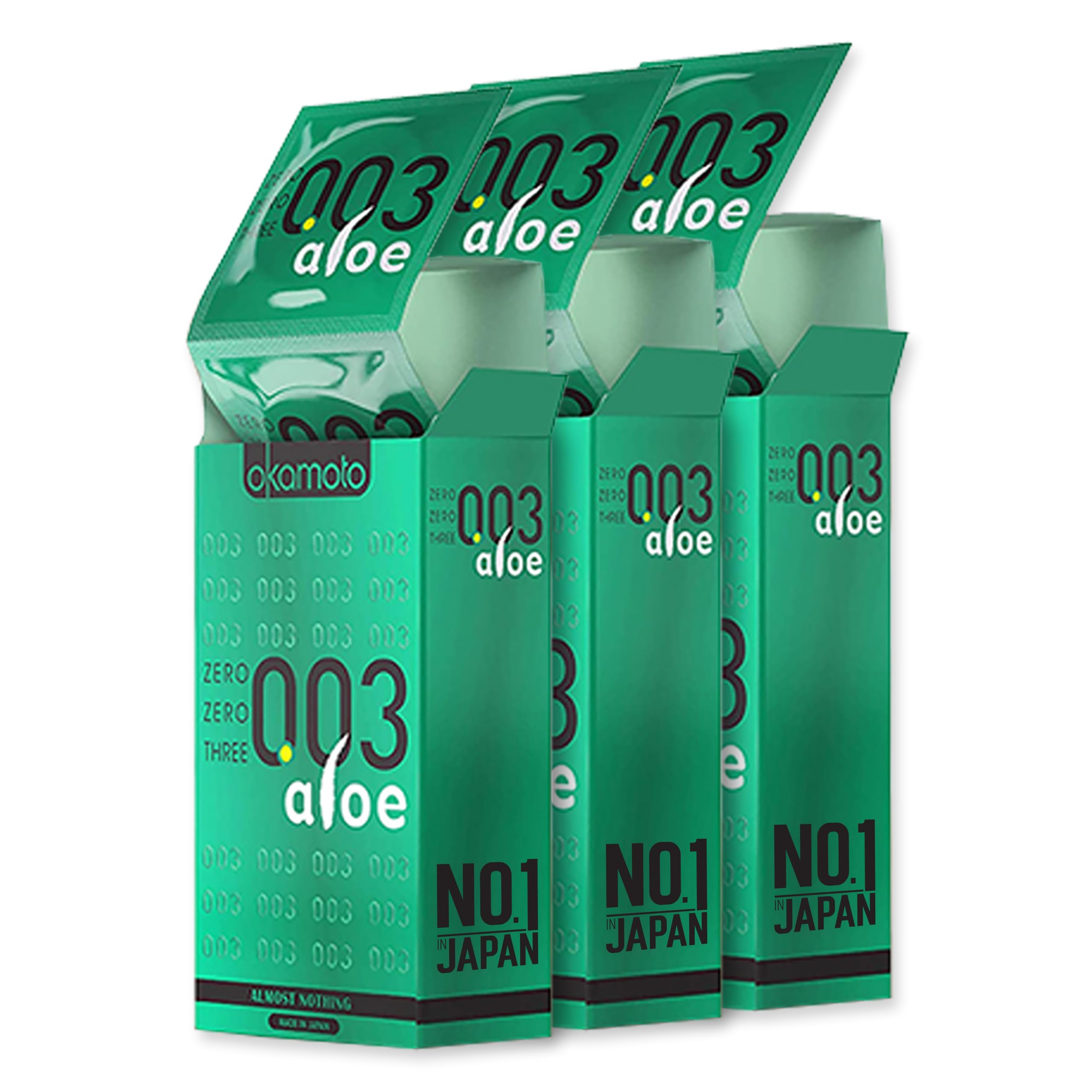 Okamoto 003 Japan’s Best Aloe Condoms | Only Natural Water Based Lube Condom in India |Thinnest Premium Condoms for Men - Made In Japan | 0.03 mm thin Extra Lubricated (Pack of 3) | 30s Condoms