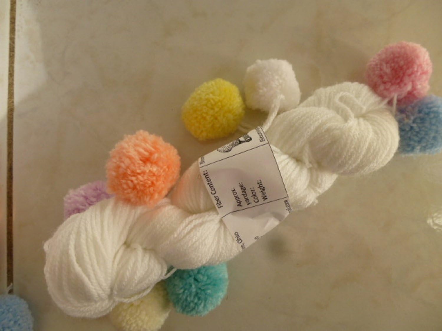 White with Multicolor Pom Poms Worsted Acrylic Yarn