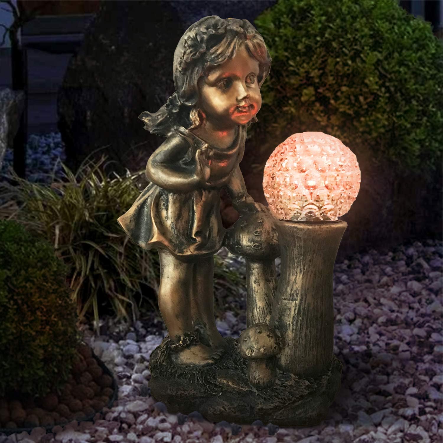 CT DISCOUNT STORE Adorable Curious Little Girl Looking at The Spinning Color Changing Gazing Ball (Ball Rotates As The Color Change) Outdoor Garden Decoration Statue : Patio, Lawn & Garden