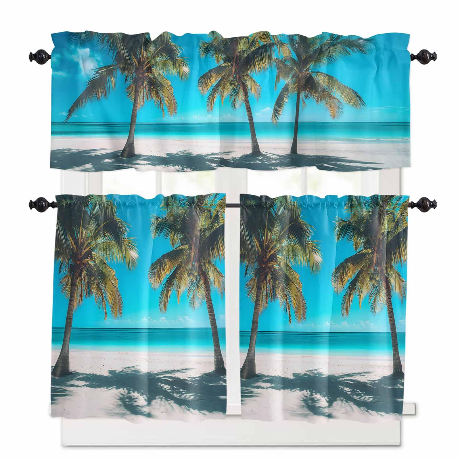 Ocean Beach Kitchen Curtains 36 Inch Length, 3 Piece Rod Pocket Small Half Tiers and Valance Set, Summer Coconut Coastal Sea Landscape Small Large Window Treatment Decor for Bedroom/Bathroom Sink