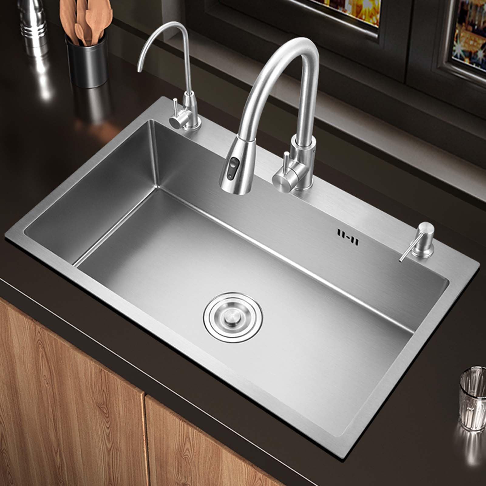 HTTGDGDH Workstation Kitchen Sink 72X45Cm, Undermount 16 Gauge Stainless Steel Kitchen Sink, Drop In Single Bowl Kitchen Sink With Faucet, Soap Dispenser, Drain Basket,60x45cm