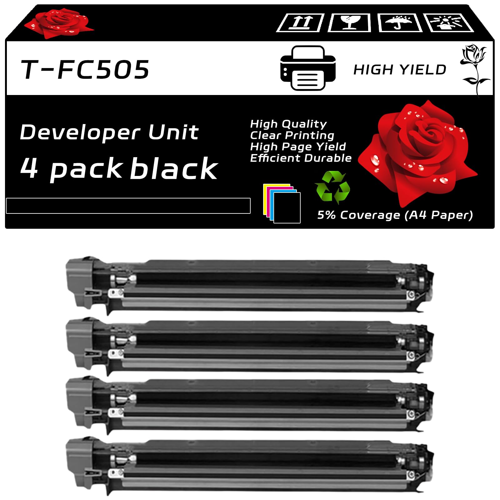 T-FC505 Developer Unit Compatible for Toshiba E Studio 2505AC 3005AC 3505AC 4505AC 5005AC Printers, with Chip, High Yield 60000 Pages, Clear Printing (4 Pack Black)