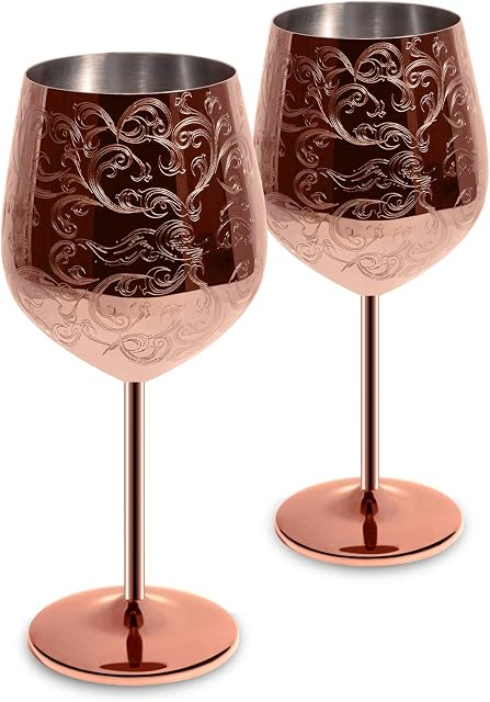 SKYFISH Stainless Steel Wine Glasses, Red Wine Goblets Set of 2, Etching with Intricate and Authentic Baroque Engravings, Royal Style Wine Cups-17oz (Handwash only!)