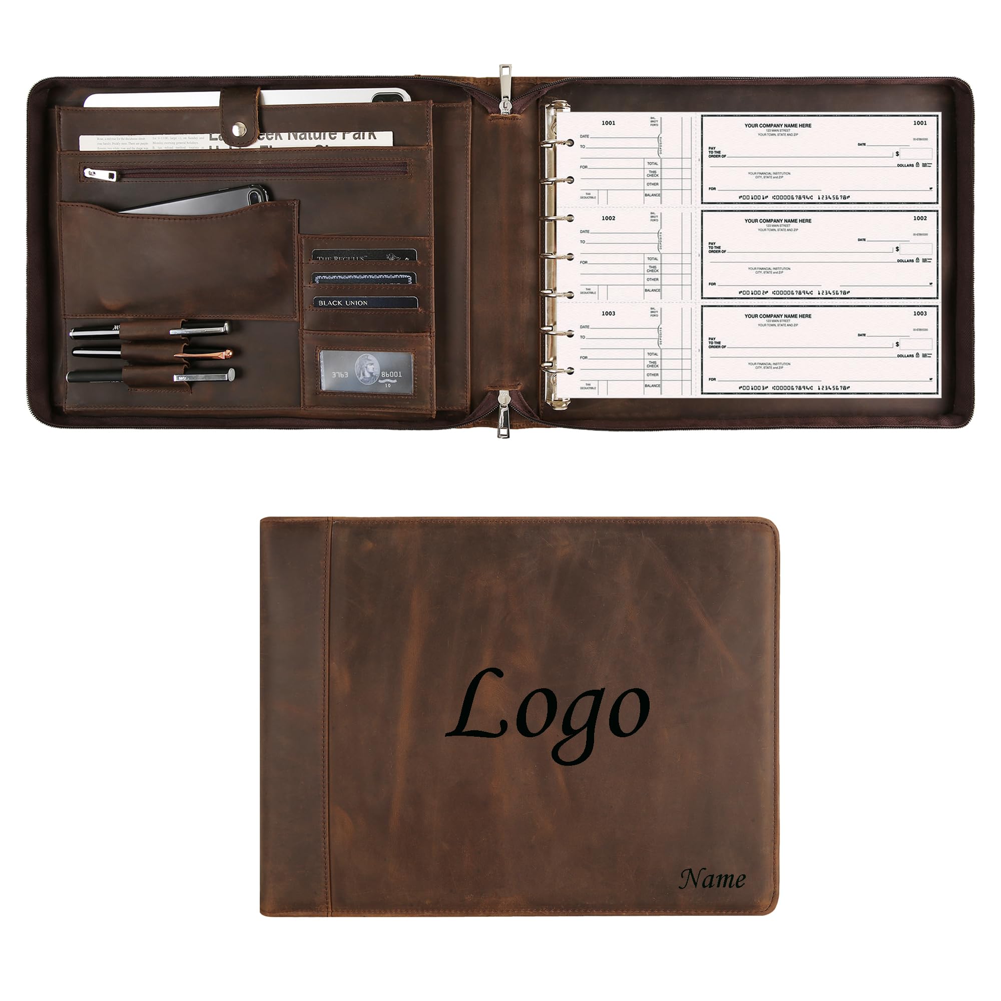 Personalized Leather Business Checkbook Binder - 7 Ring Check Binder Engraved Business Check Book Holder for 3 Per Page 600 Checks Capacity for 9 x 13