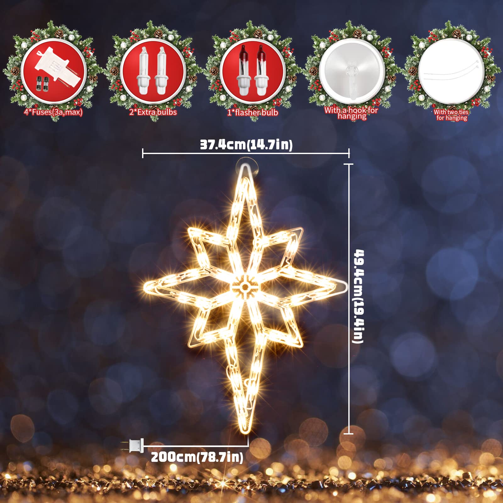 48,2 cm Weihnachts-Fenster-Silhouette-Lichter, Dekoration, 50 l Weihnachtsskulptur, einschließlich: 1 x Bethlehem-Stern