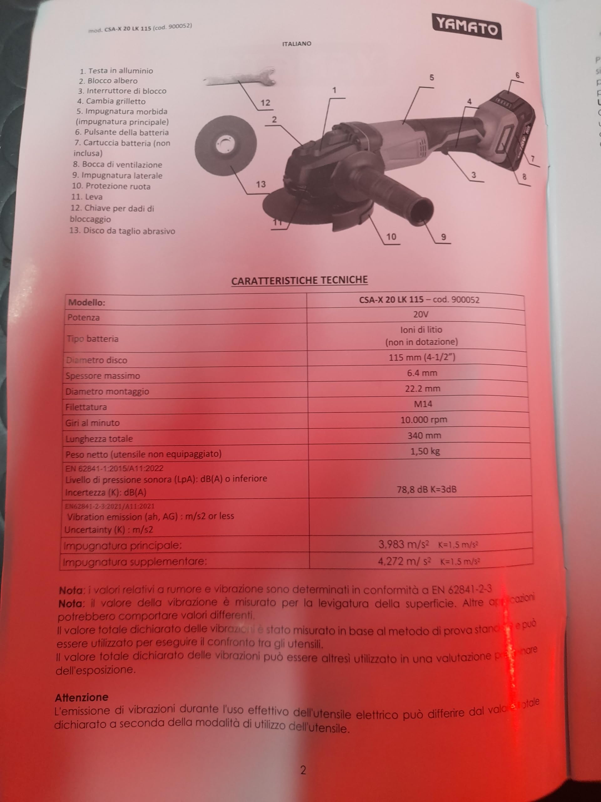 SMERIGLIATRICE ANGOLARE A BATTERIA YAMATO MYX CSA-X 20LK 115