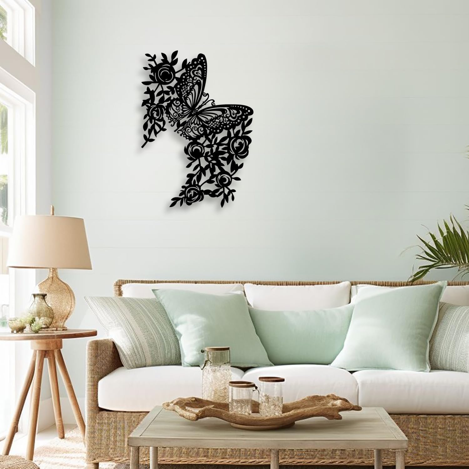 LIYOUYA Butterfly Flower Metal Wall Decor - Rustic Farmhouse Room Decor Black Wall Art Home Decor for Living Room, Bedroom, Dining Room, Courtyard, Farmhouse (Black)