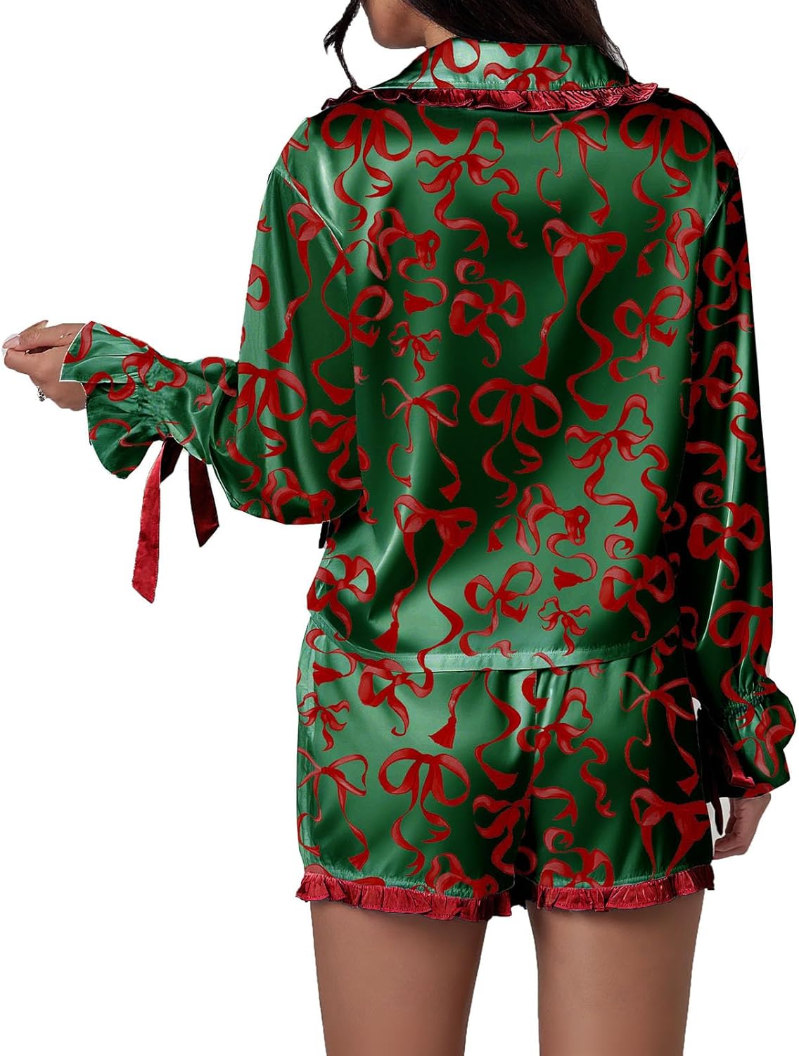 Argeousgor Womens Christmas Pajamas Sets Print Button Up Long Sleeve Lapel V Neck Tops and Shorts Lounge Wear 2 Pcs Set - Image 7