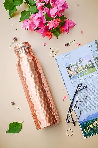 Miniatura 7 de PRURA Botella de agua de cobre puro 100% hecha a mano con grabado de burbujas, 30 onzas, para agua potable, yoga, viajes, llevar ayurveda,