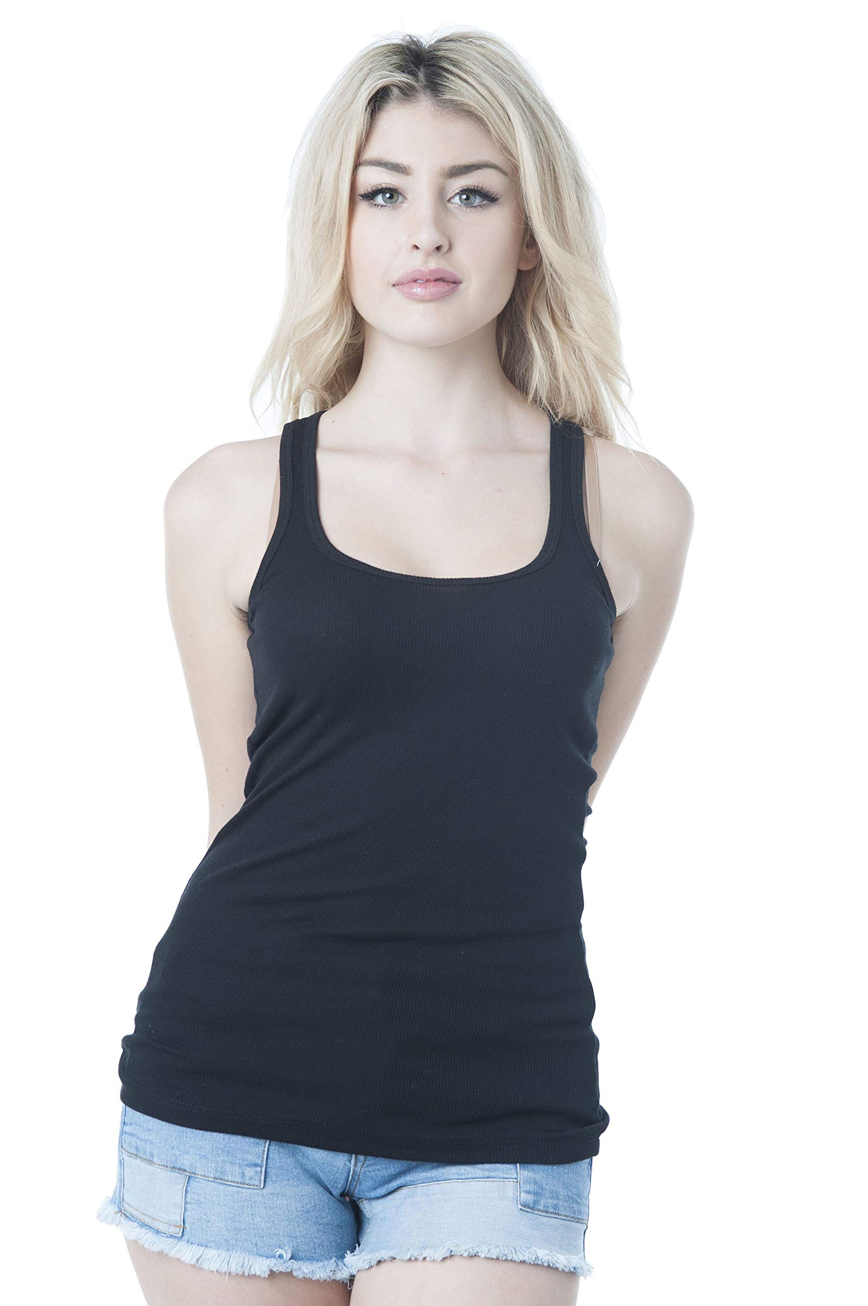 Hollywood Star Fashion Women's Long Ribbed Rib Racerback Tank Top Cotton Stretch Quality Tunic Basic XL