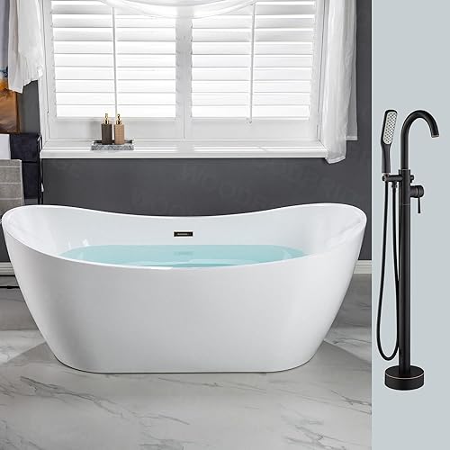 WOODBRIDGE Bañera de remojo acílico blanca independiente de 71 pulgadas con kit de drenaje y relleno de bañera de montaje en suelo en ORB, BTA1517
