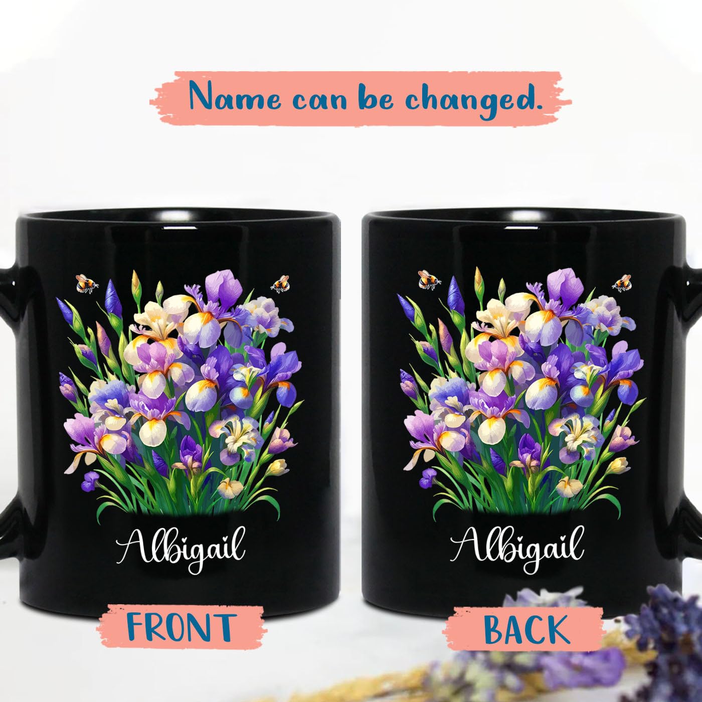 Personalized Name Iris Flower Black Coffee Mug Gift For Birthday Christmas, Iris Lover Ceramic Tea Cup, Custom Iris Coffee Cup 11 Oz 15 Oz, Flower Themed Travel Mug Gift For Iris Lovers, Floral Mugs