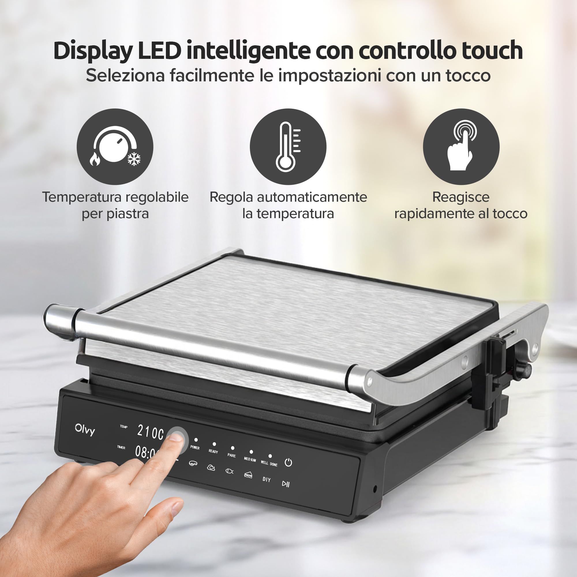 Olvy Grill Elettrico a Contatto 2000W PFAS Free Piastra Antiaderente Rimovibile 5 Programmi Automatici Apertura 180° Termostato Timer Panini Carne Verdure