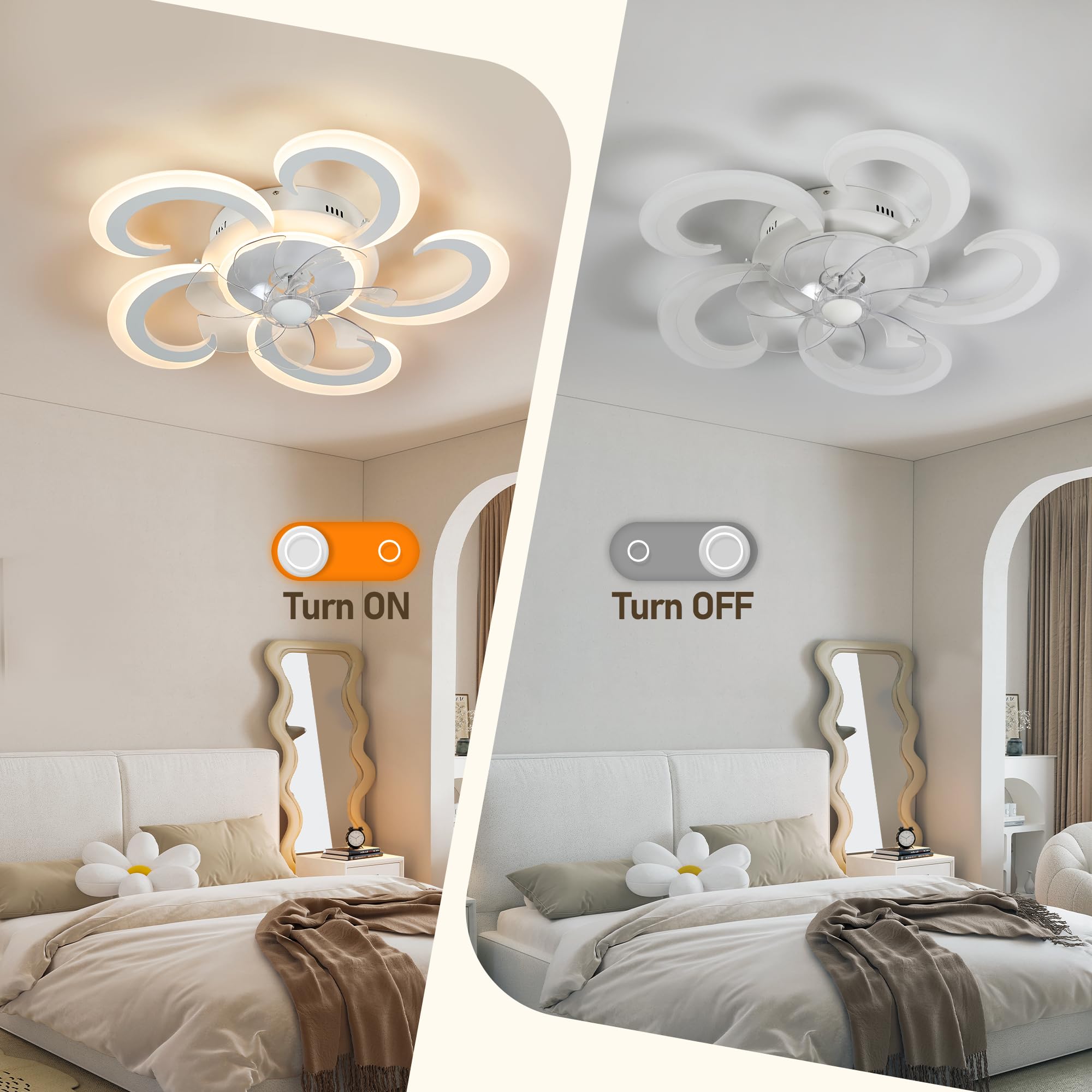 Ventilatori da Soffitto con Luce e Telecomando, Lampadario con Ventilatore da Soffitto, Lampadario LED Dimmerabile 3000K-6000K, 50W(37W+13W) 3600Lumens, Ventilatore a Soffitto con Luce, 62cm