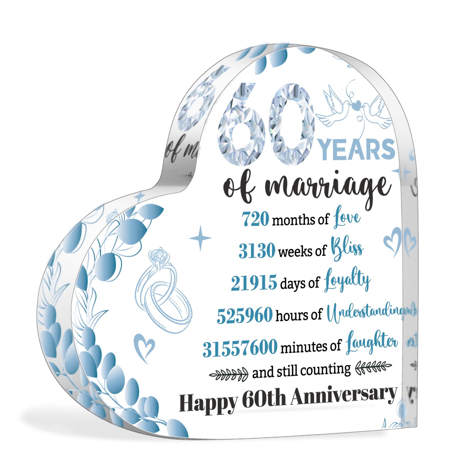 HOWAF 60th Wedding Anniversary Acrylic Plaque Gifts for Anniversary, Diamond Wedding Gifts for Her Him Couple, Heart-Shaped Acrylic Sign Romantic gifts for 60th wedding anniversary Decorations