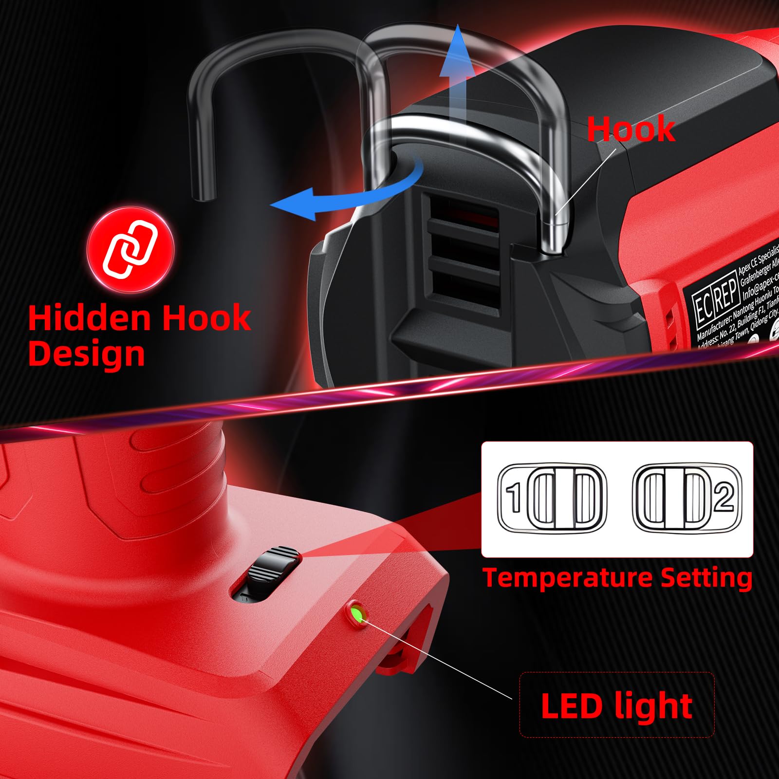 Pistola de calor inalámbrica para batería Milwaukee de 18 V 350 W 648.9 °C (550 °C) pistola de calor de soldadura, kit de pistola de aire caliente con control de temperatura variable con 4 boquillas y
