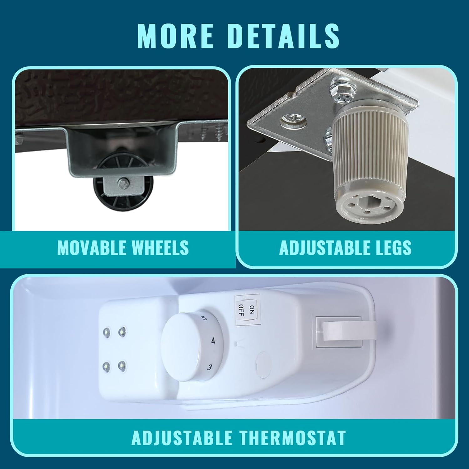 Close-up of WANAI refrigerator showing movable wheels, adjustable legs, and adjustable thermostat