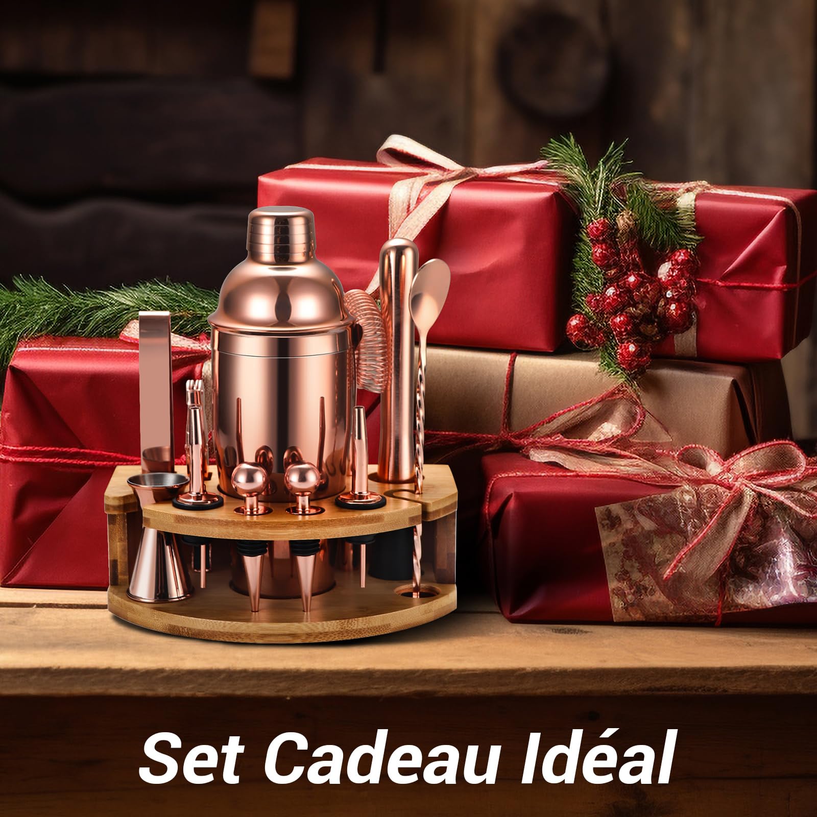 Kit Shaker à Cocktail avec Support, Kit Cocktail 12 Pièces en Acier Inoxydable avec Shaker Cocktail de 750ML Pilon Verre Doseur Cocktail, Machine à Cocktail Set pour Bar à Domicile, Fête (Or Rose)