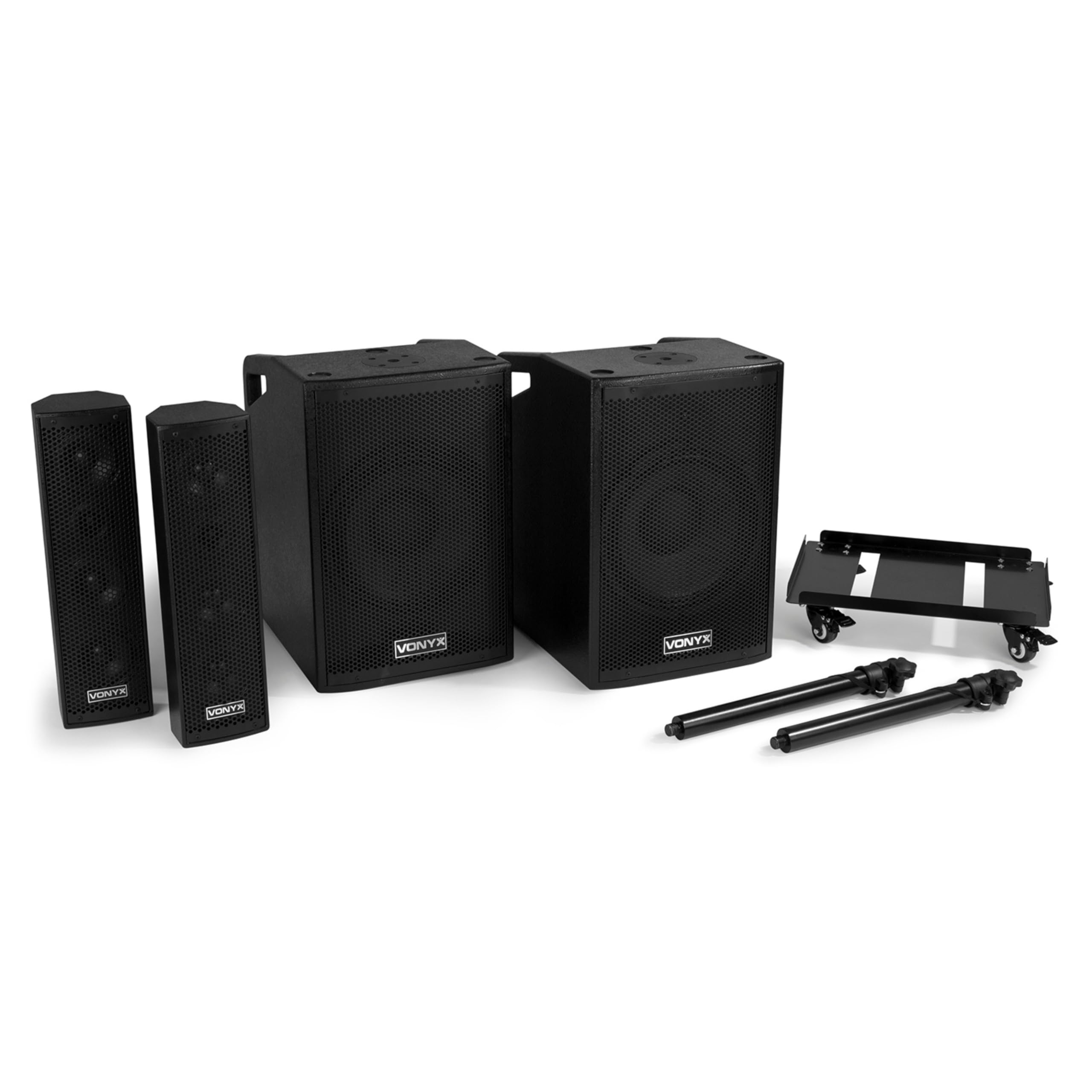 Vonyx VX1050BT – Sistema 2.2 Activo 1150W con Bluetooth, USB, SD, Doble subwoofer 12”, Micro, Trolley, Funda y Soportes, Equipo de Sonido Profesional para Eventos, Fiestas y DJ, Color Negro
