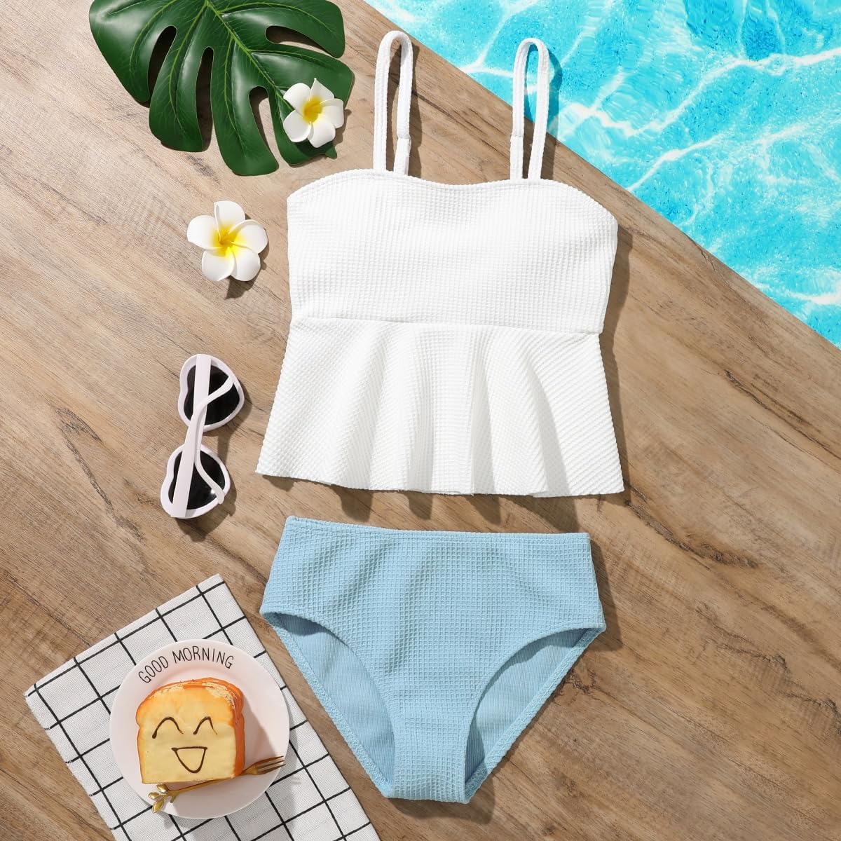 QJQ Girl's 2 Piece High Waisted Swimsuits Ruffle Waffle Bathing Suit Summer Cute Bikini Sets - Image 2