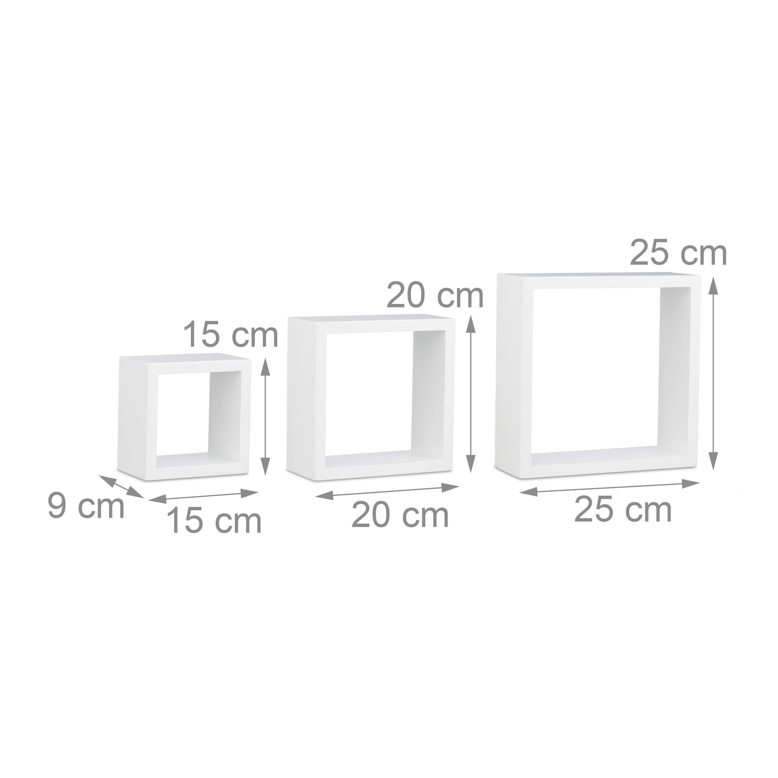Relaxdays Hangrek, kubus, 3-delige set, wandboard Cube, zwevende plank, vierkant, MDF, klein, verschillende maten, wit, 25 x 25 x 25 cm