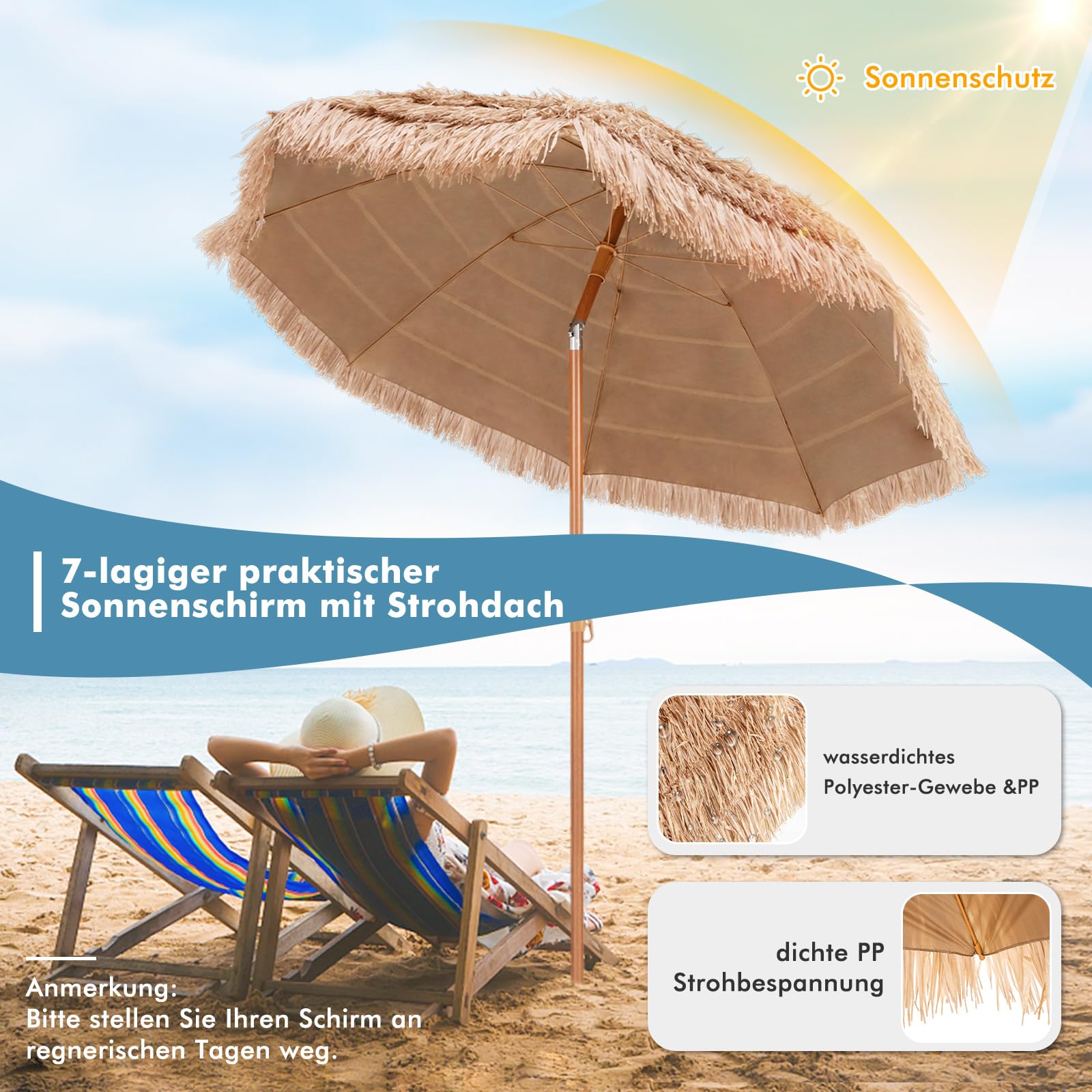 COSTWAY Hawajski parasol przeciwsłoneczny, 208 cm, słomkowy, UPF 50+, możliwość zginania w zakresie 30°, parasol ogrodowy, parasol na taras, na plażę, do ogrodu, na balkon