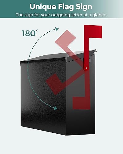 Miniatura 58 de LAND·VOI Buzón de pared con un kit de bandera y tres juegos de calcomanías de números de buzón de 0 a 9, buzones para exterior, buzón de metal Negro