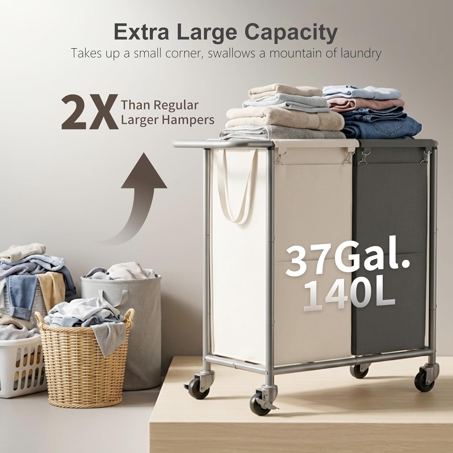 Heybly 2-Section Laundry Sorter Hamper,Rolling Laundry Hamper with Removable Bags – Heavy-Duty Laundry Sorter Cart with Wheels for Dirty Clothes, 29.1 x 15.4 x 33.1 Inches,HLH023P02
