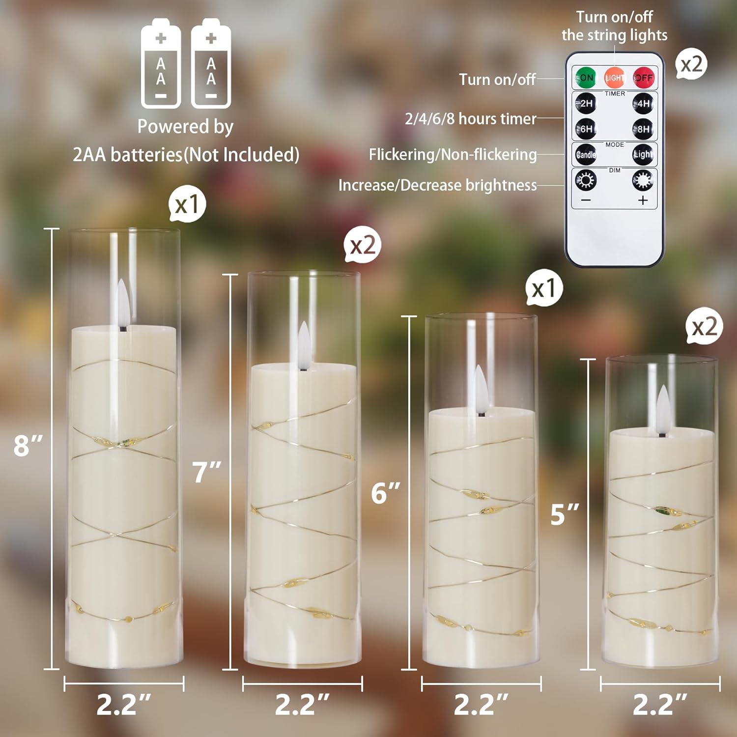 Yeelida Ivory Flameless Candles with Remote and String Light, 2.2"x 5",5",6",7",7",8" LED Battery Operated Plastic Flickering Timer Pillar(Pack of 6,Turn On/Off String Light Mode)
