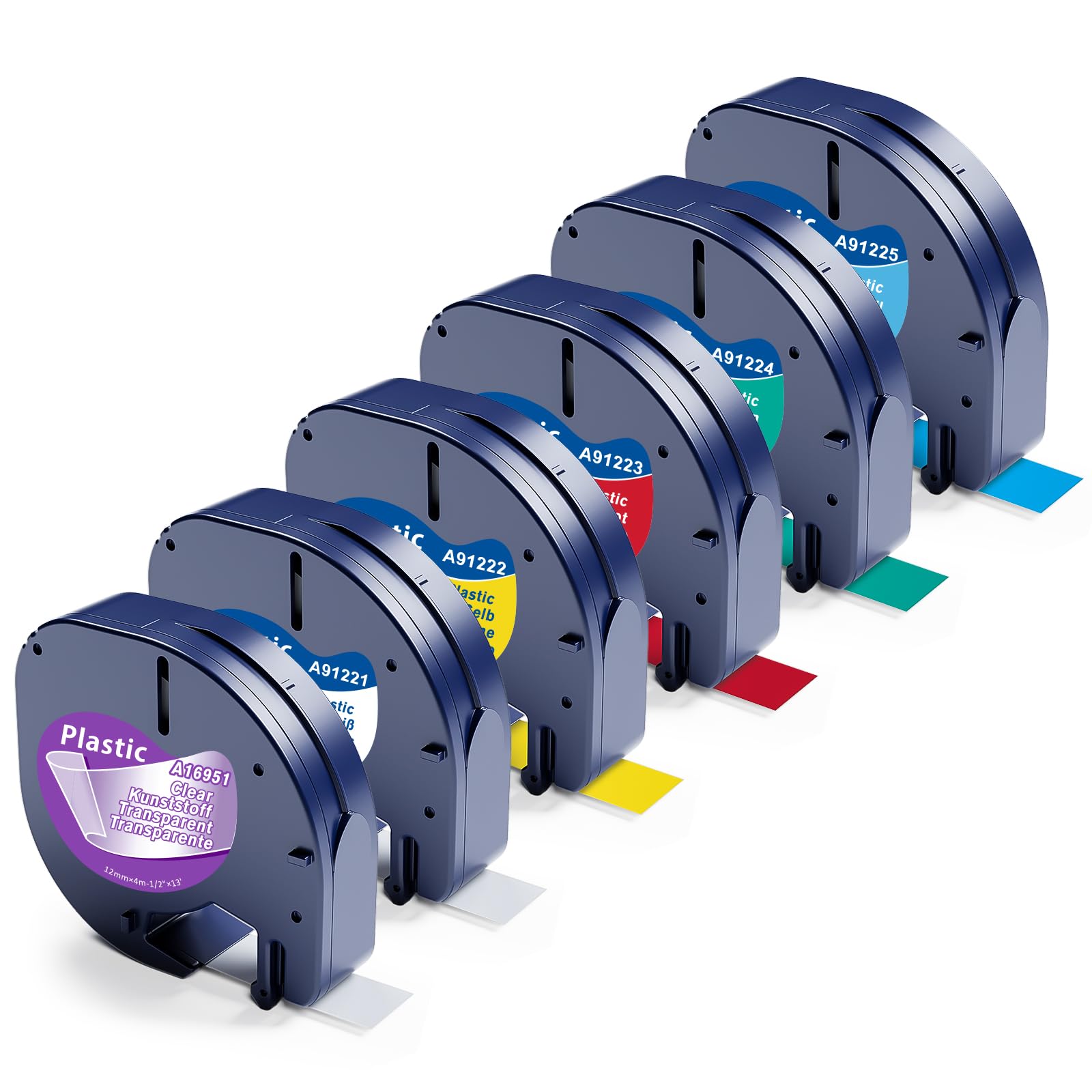 Rubans Compatibles Dymo LetraTag 12mm Noir Sur Blanc/Jaune/Rouge/Bleu/Vert - Lot De 5