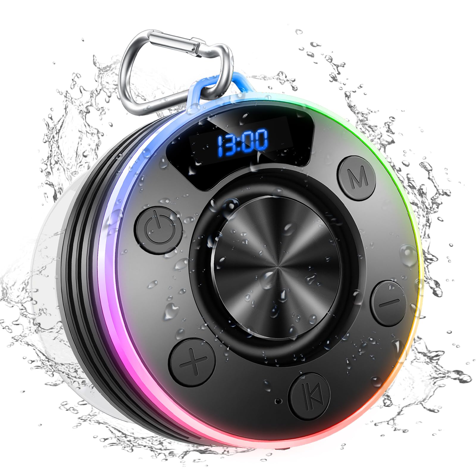 Dyurwa Wasserdichter Bluetooth Duschlautsprecher mit Zeitanzeige, IPX7 Waterproof Shower Speaker, Starker Bass, Saugnapf & Hakenclip, Freisprecheinrichtung, Musikbox für Badezimmer, Hochwertige