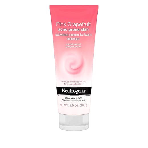 Neutrogena Pink Grapefruit Activated Cream-to-Foam Acne Facial Cleanser with Naturally-Derived Grapefruit Extract for Acne Prone Skin, Oil-Free & Non-Comedogenic Daily Acne Fighting Face Wash, 3.5 oz