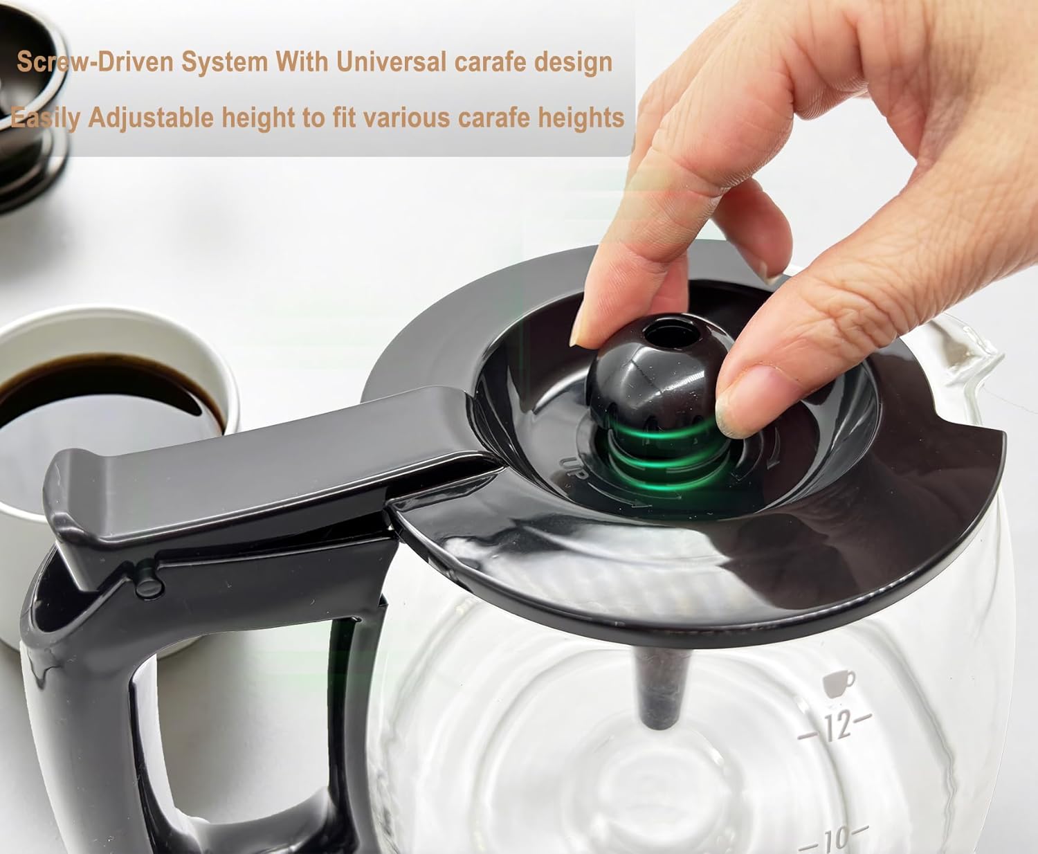 Universal Adjustable Glass Coffee Carafe, 12-Cup, Compatible with Mr. Coffee, Black+Decker, Hamilton Beach, Cuisinart, Height Adjustable 5.8 to 6.7 inches (148-170mm) - Image 2