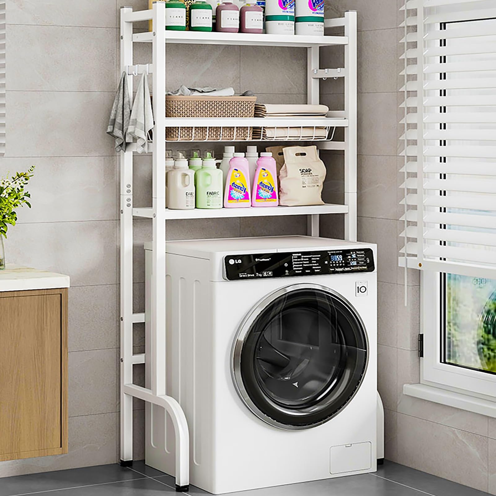 3 Tiers Over Washer and Dryer Shelves with Guardrail, Over The Washer Storage Shelf with Adjustable Feet, Adjustable Height Dryer Stand with Hollow Basket, Save Space for Bathroom Laundry Room(White)