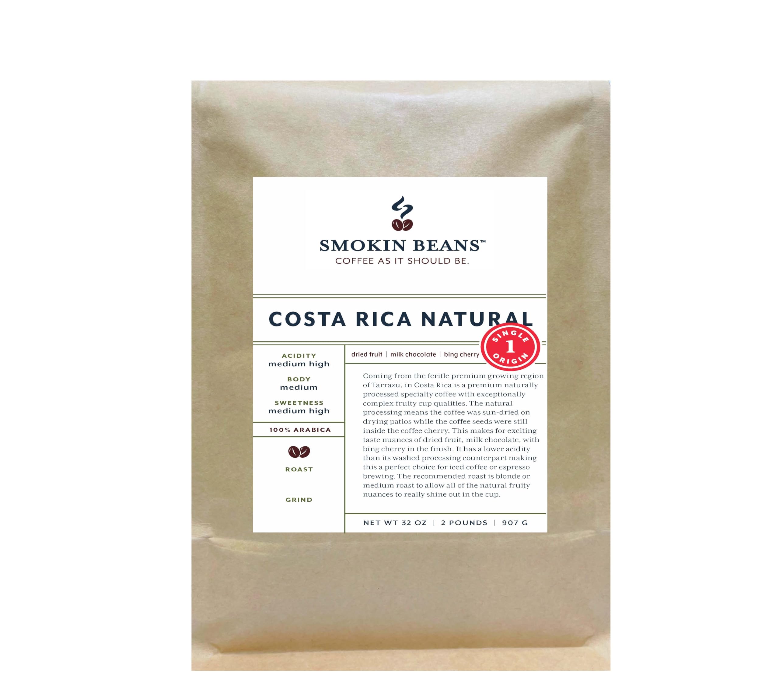 Smokin Beans 2-Pound Costa Rica Tarrazu Freshly Roasted Coffee, Natural Processing, Medium Roast, Premium Whole Bean Specialty Coffee