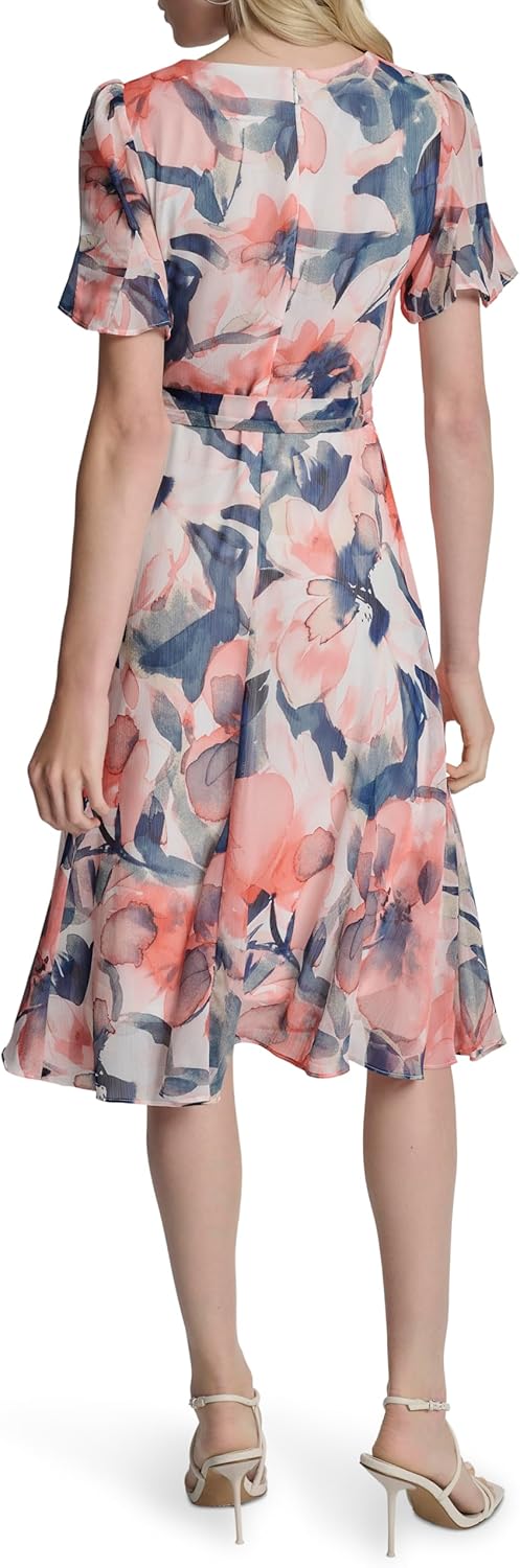 DKNY Womens Flutter Sleeve Round Neck Waist Tie Midi Dress - Image 4