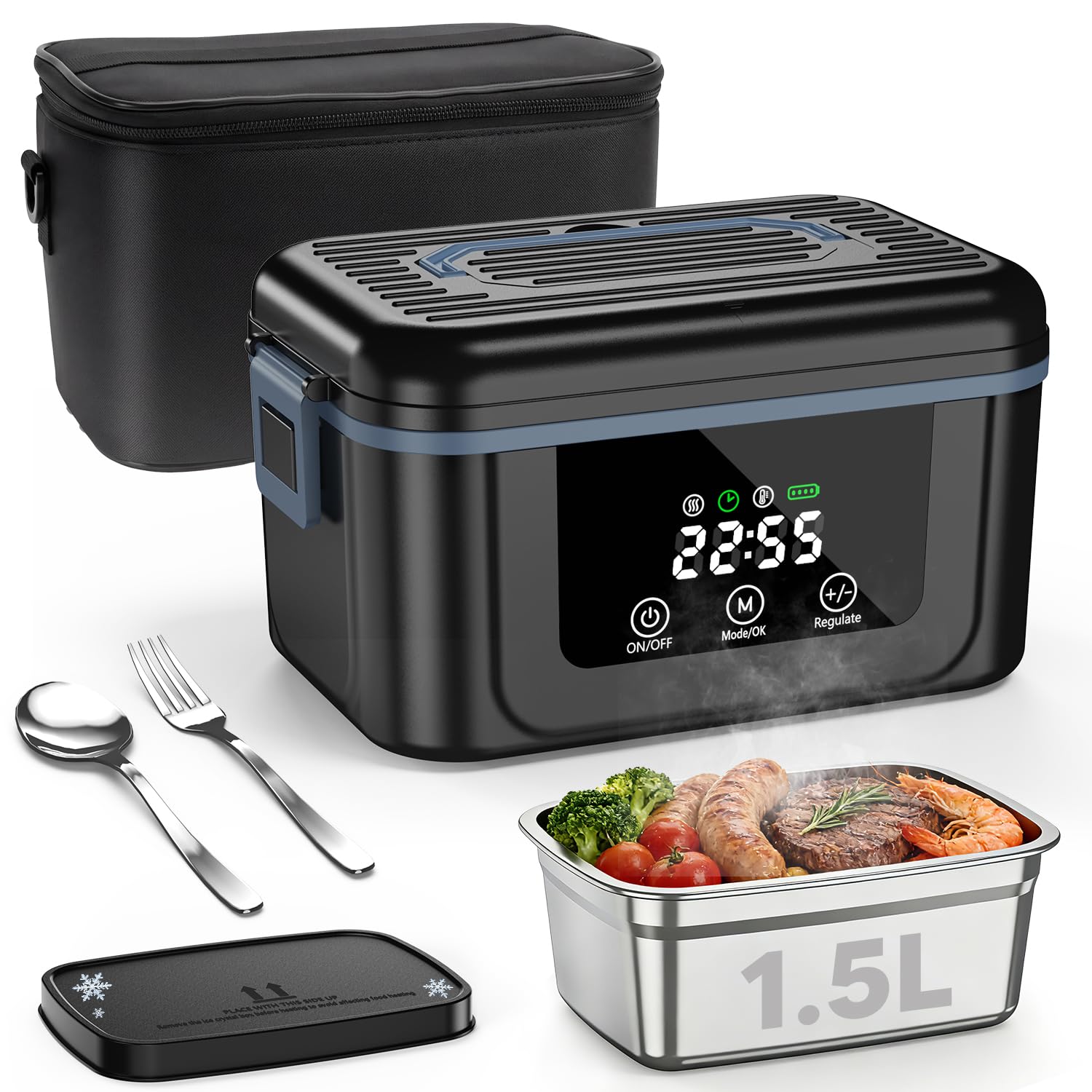 Elektrische Lunchbox mit Akku, 2026 Upgrade Electric Lunch Box mit Display & Eiskristallbox, 1,5L Wiederaufladbar Elektrisch Beheizbare Lunchbox Tragbare Heat Box für Arbeit/Auto/LKW/Büro/Reisen