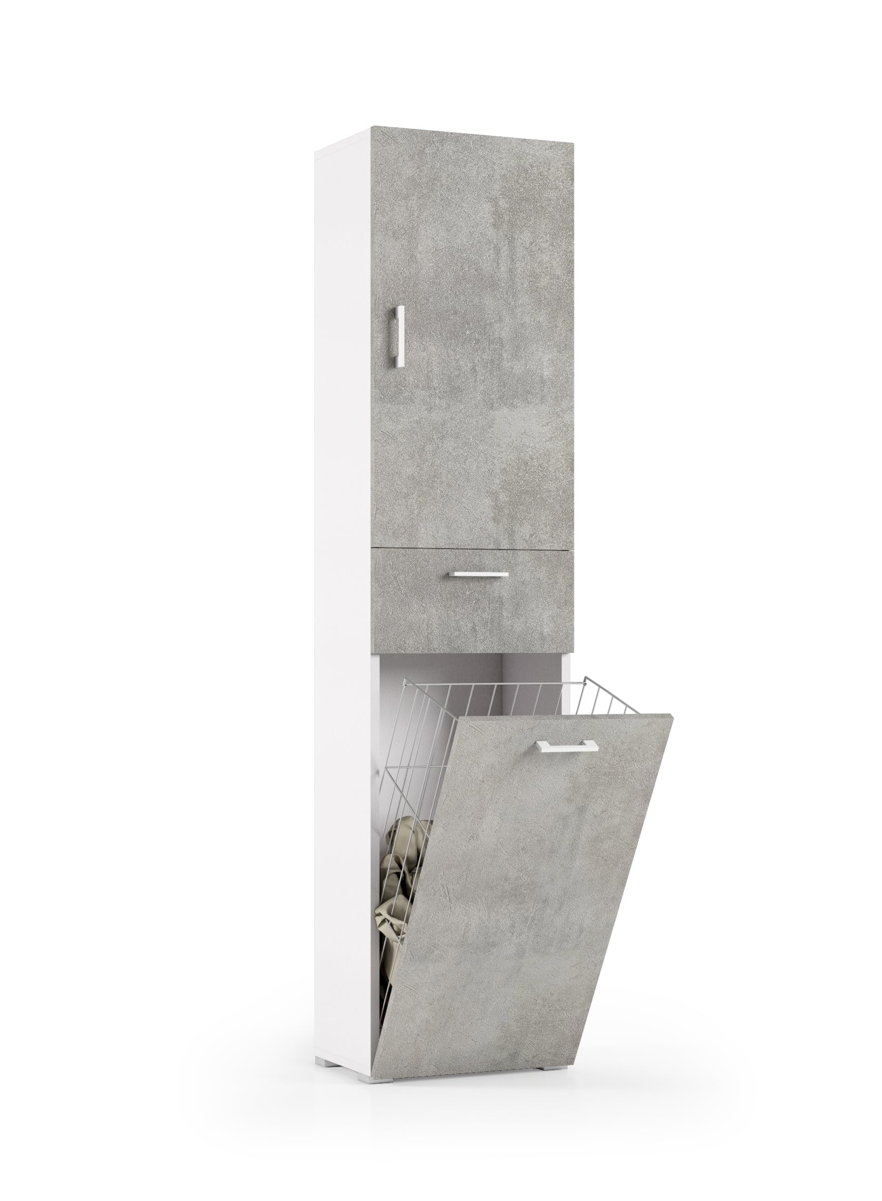 Terraneo mobile multiuso con cestello portabiancheria estraibile, ideale per bagno o lavanderia, salvaspazio – Dimensioni 45x32x195 cm (Bianco cemento)