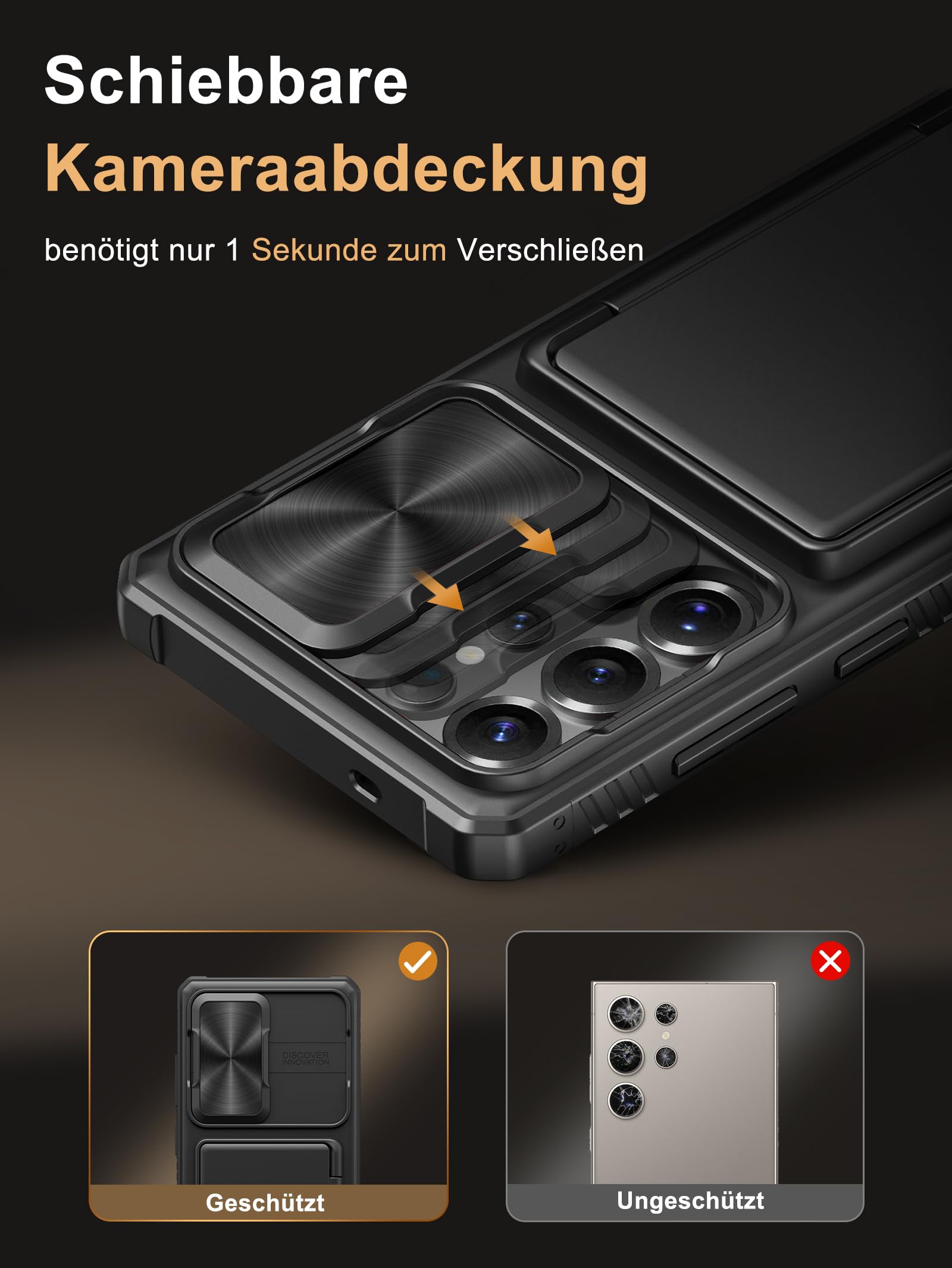 Vihibii für Samsung Galaxy S25 Ultra Hülle mit Kartenhalter (4 Karten) [RFID Blocker] & Kameraschutz Schieber, Militärschutz Stoßfeste Kratzfest Robuste Schutzhülle für Samsung S25 Ultra 6,9", Schwarz