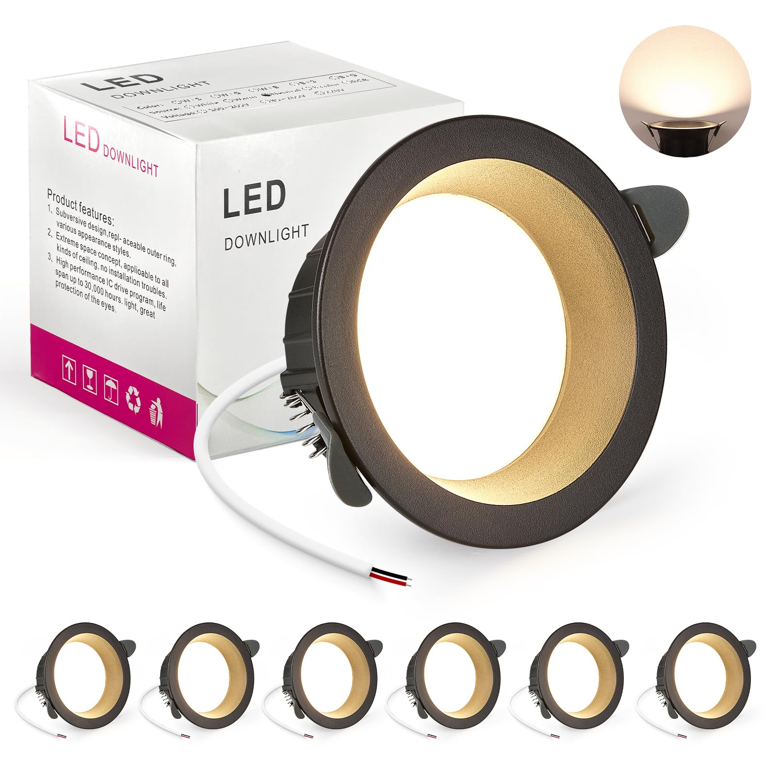 BRIMETI Downlight LED Techo Empotrable Negro, 6x 7W Foco LED Redondo 4000K Luz Blanco Natural IP44, Recorte 70mm, AC 220-240V, Foco de Techo Ultraplano para Dormitorio, Baño, Cocina