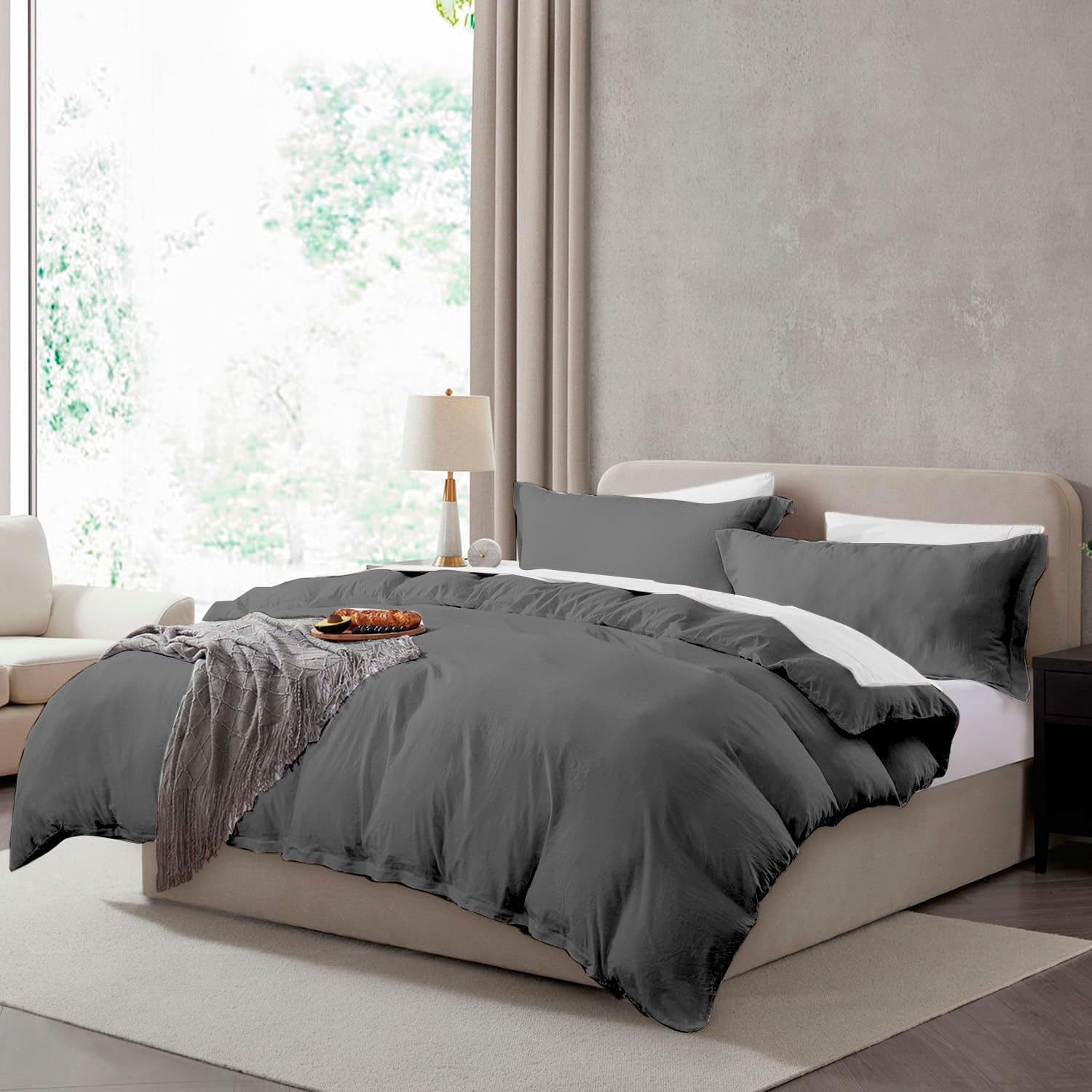 Hearth & Harbor Queen Duvet Cover Set - Queen Soft Prewashed Grey Duvet Cover, 3 Piece Set with Zipper Closure, 1 Duvet Cover 90x90 inches and 2 Pillow Shams