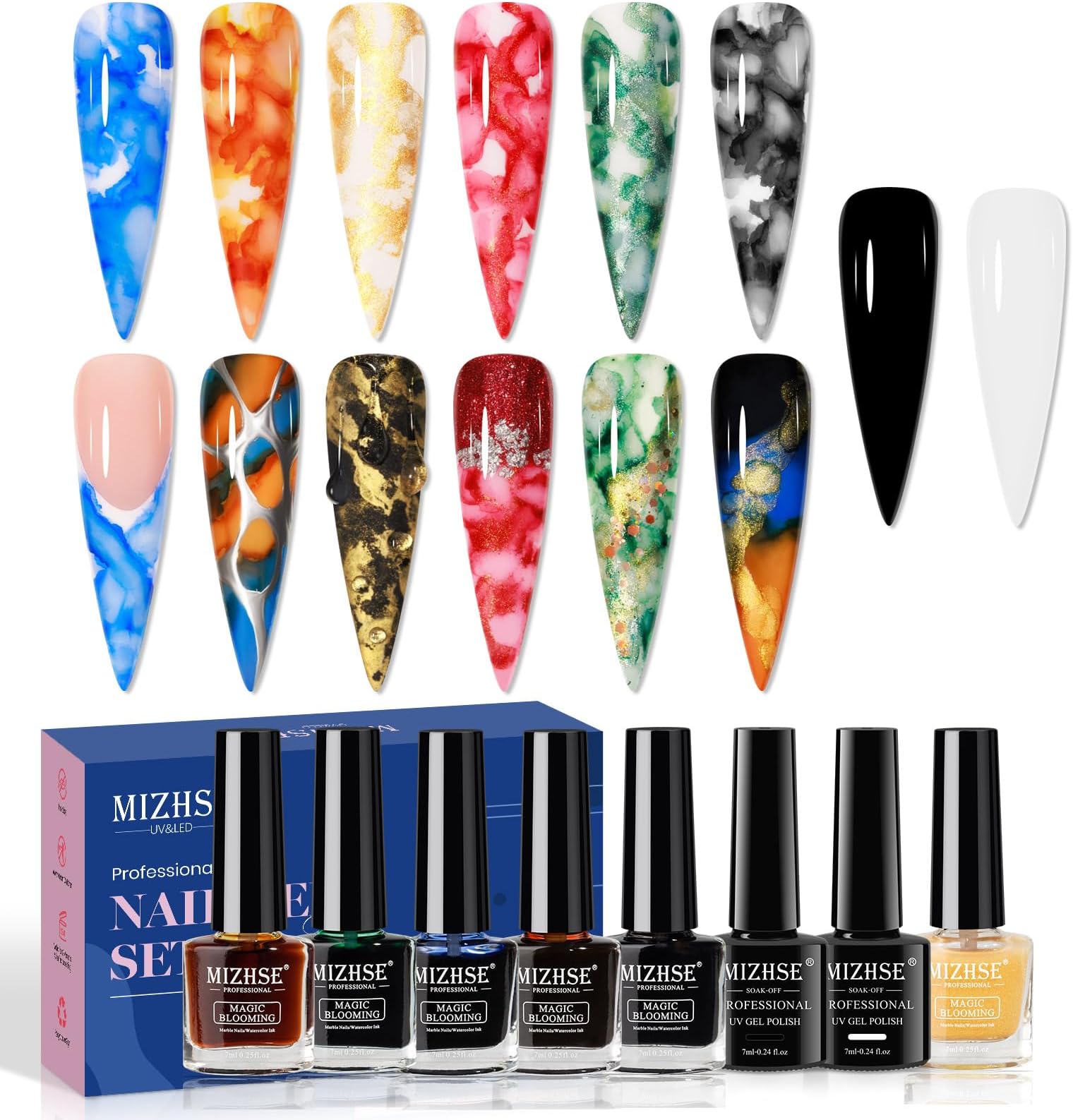 MIZHSE Glitter Marble Nail Polish Set, 8 Colors Marble Ink for Nails Blooming Gel Nail Polish Watercolor Ink Polish for Nails Design Home DIY
