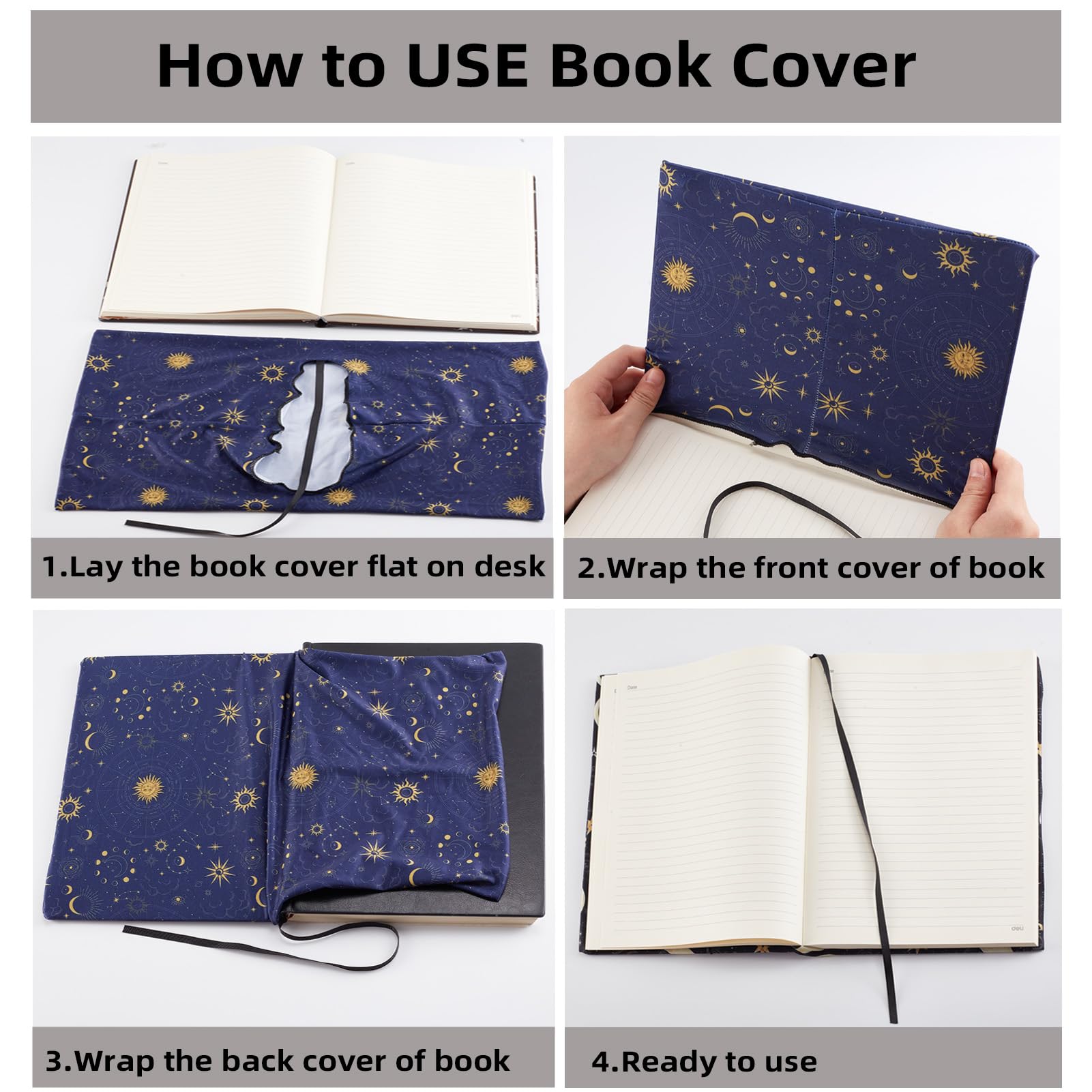 NICENEEDED Copertina Estensibile per Libri, Custodia per Libro Stella Luna Blu Navy