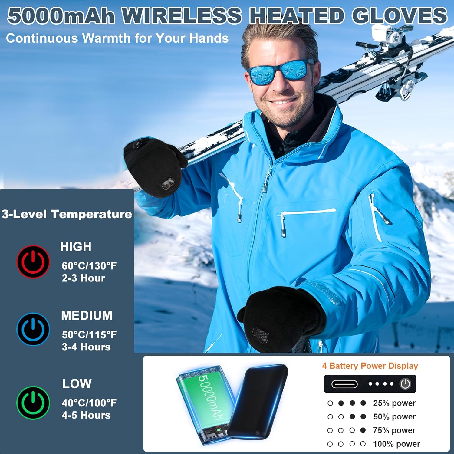 Heated Gloves for Men Women, Rechargeable Full & Half Hands Electric Fingerless Heated Mittens, 5000mAh Rechargeable Battery, 3 Heating Levels, Cold Winter Hand Warmer for Work Cycling Skiing Snow - Image 2
