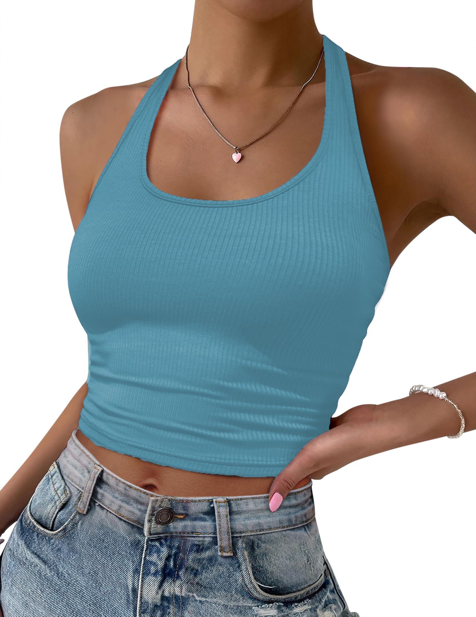Ekouaer Tank Top Damen Rückenfrei Neckholder Crop Top Sommer Rippstrick Tanktops Frauen U-Ausschnitt Einfarbig Oberteil