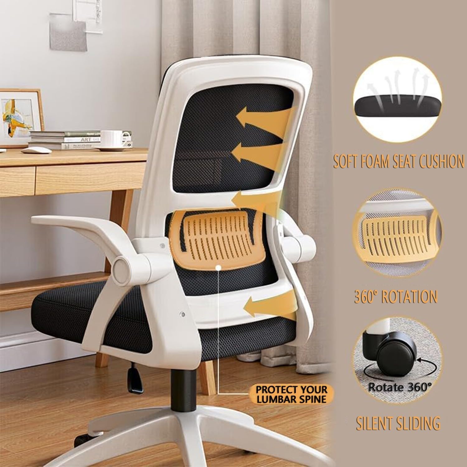 Silla Ergonómica Oficina Casa Malla Transpirable Respaldo Alto | Regulable en Altura, Función Giratoria, Reposabrazos Abatibles, Soporte Lumbar