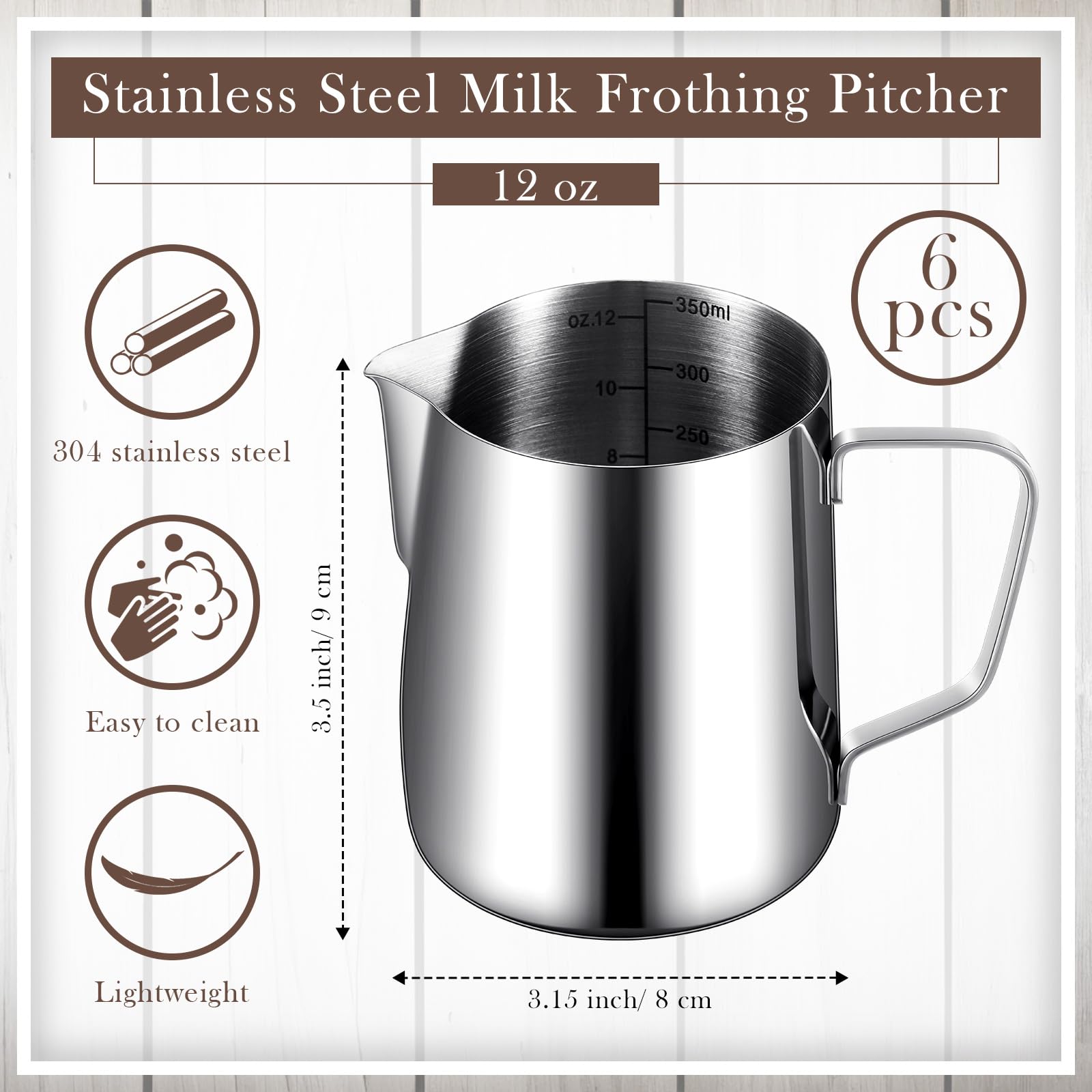 Dandat Jarra espumadora de leche de acero inoxidable de 12 onzas, jarra espumadora de leche de acero inoxidable de 12 onzas, taza espumadora de leche, taza de vaporizador para espresso, arte con