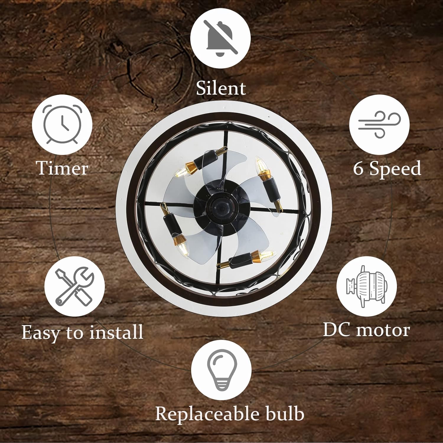 YUEGOO Ceiling Fans with Lamps,Vintage Cage Quiet Fan Chandelier Ceiling Light Dc Reversible Industrial Style 6 Speed Timer Ceiling Fans with Lights and Remote Control for Bedroom Dining Room/Brown