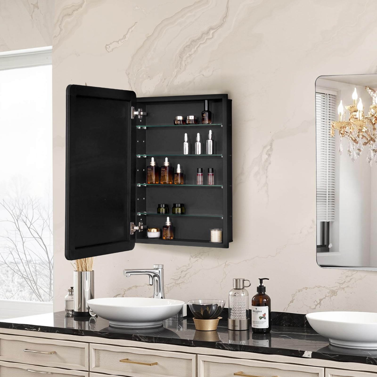 VEVOR Botiquín con Espejo para Baño con Puerta de Espejo y Estantes de Vidrio Ajustables, Instalación Empotrada y Montada en Pared, Aluminio, Organizador de Almacenamiento, 508 x 126 x 762 mm