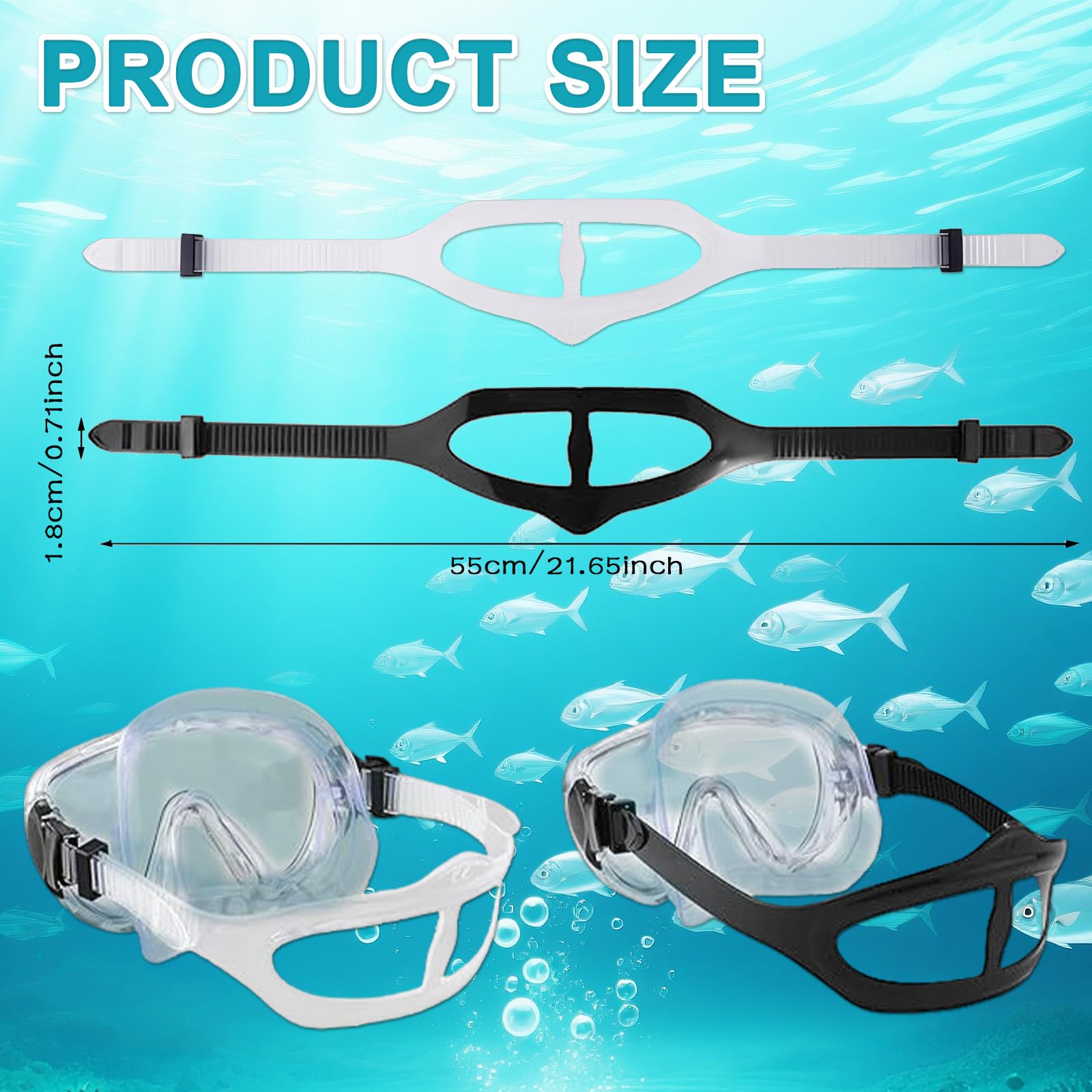 Cinghie per maschera subacquea, cinghie regolabili in silicone per immersioni, snorkeling e maschere subacquee, morbide e resistenti, 2 pezzi, bianco/nero, 56 x 1,8 cm - 3